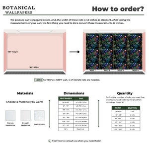 May include: A guide on how to order wallpaper in rolls. The guide includes a diagram of a wall with measurements in inches, a table of dimensions for different wall heights, and a table showing the quantity of rolls needed for different wall widths. The guide also includes a section on materials, with options for canvas peel and stick, smooth peel and stick, and non-woven.