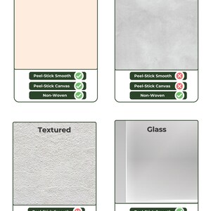 May include: A chart showing the suitability of different wallpaper types for various surfaces. The surfaces are smooth, semi-textured, textured, and glass. The wallpaper types are peel-stick smooth, peel-stick canvas, and non-woven. Green check marks indicate suitability, while red X marks indicate unsuitability.
