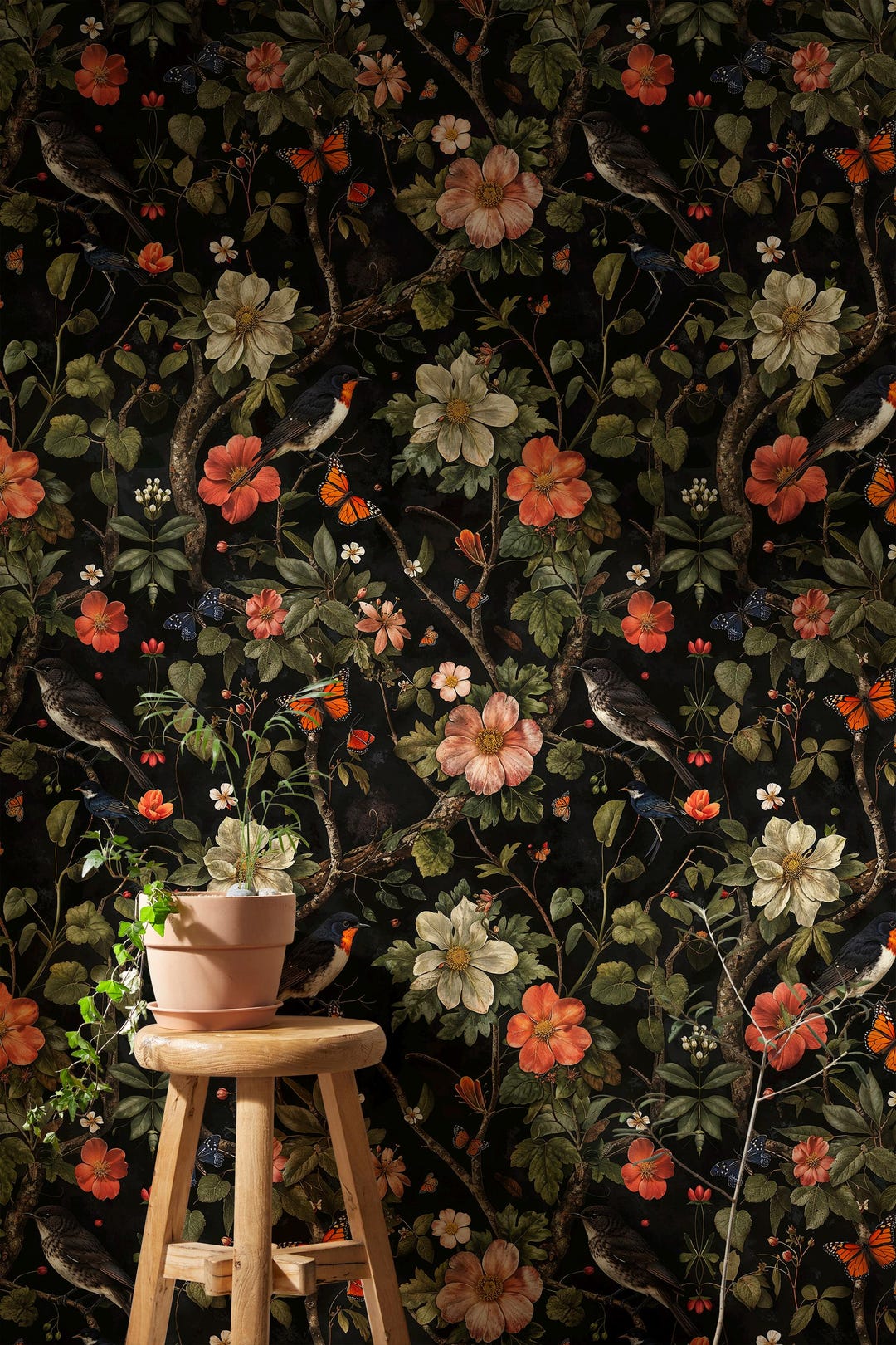 Dark Floral Wallpaper: Botanical Secret Garden Peel and Stick Mural - Etsy