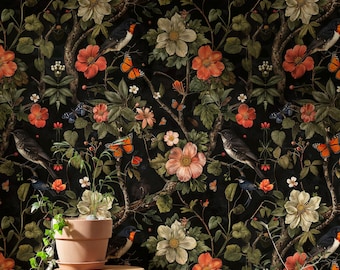 May include: Black wallpaper with a floral pattern featuring red, white, and pink flowers, green leaves, and small birds. A potted plant sits in front of the wallpaper.