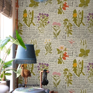 Retro Botanical Wallpaper Herbs | Floral Herb Wallpaper Peel and Stick | Spring Wildflower Peel and Stick Wallpaper | Herb Garden Wallpaper