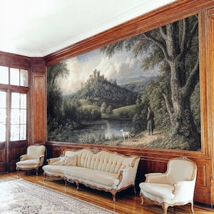 Grand salon lined with historic wall covering, revealing a scenic removable wallpaper of a tree-framed castle by a serene waterway.