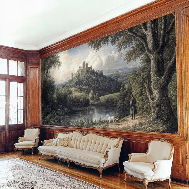 Grand salon lined with historic wall covering, revealing a scenic removable wallpaper of a tree-framed castle by a serene waterway.