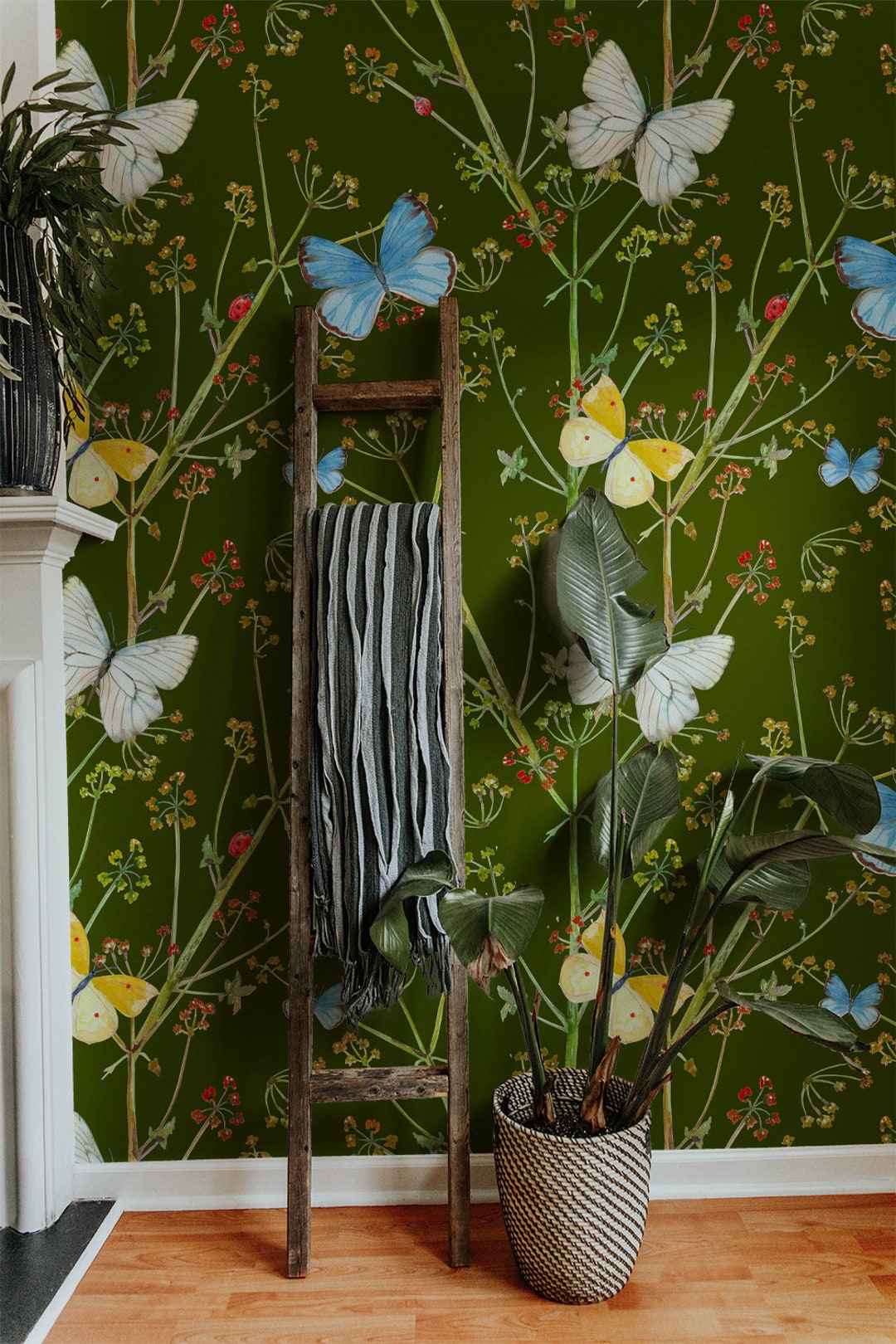 Green Botanical Wallpaper Vintage Butterfly Wallpaper Peel and Stick