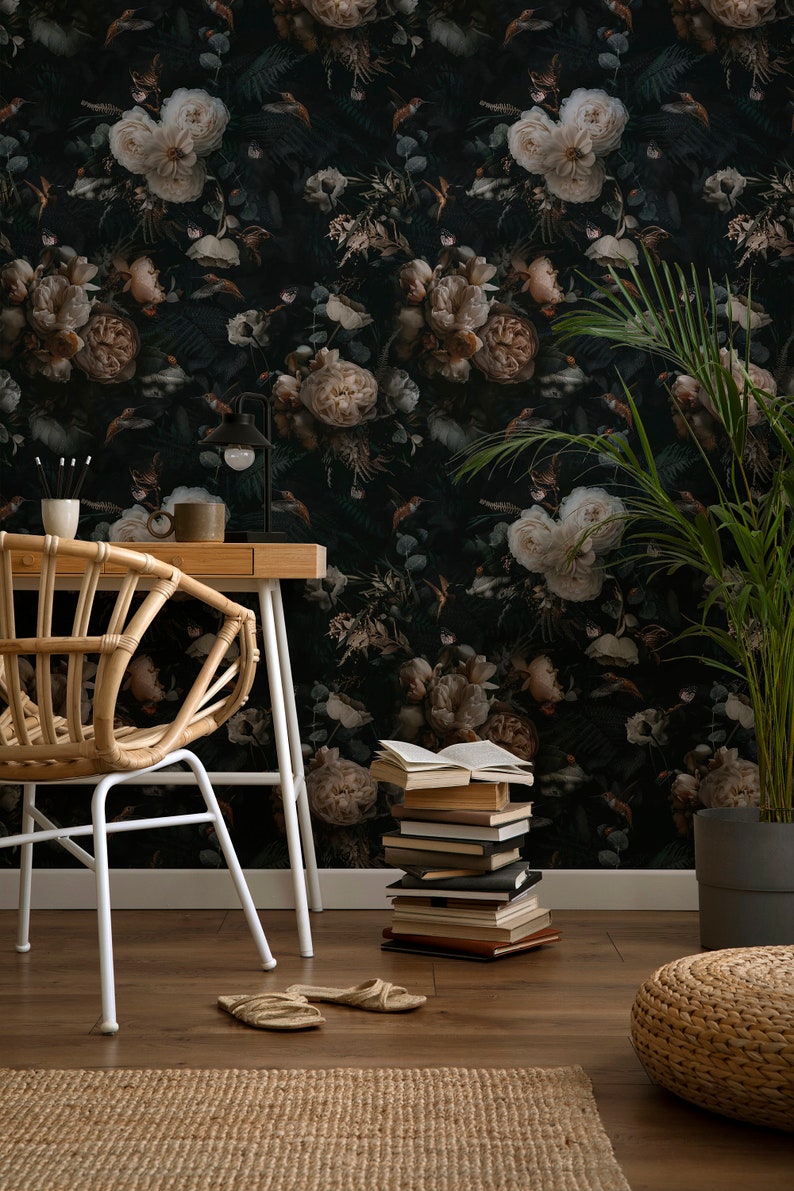 Dark Peony Peel and Stick Wallpaper | Vintage Botanical Wallpaper Dark ...