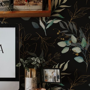 watercolor branches and leaf wallpaper, eucalyptus leaf wallpaper, eucalyptus foliage wallpaper, dark botanical eucalyptus wallpaper, eucalyptus leaves peel and stick wallpaper, watercolor green and gold leaves peel and stick wallpaper
