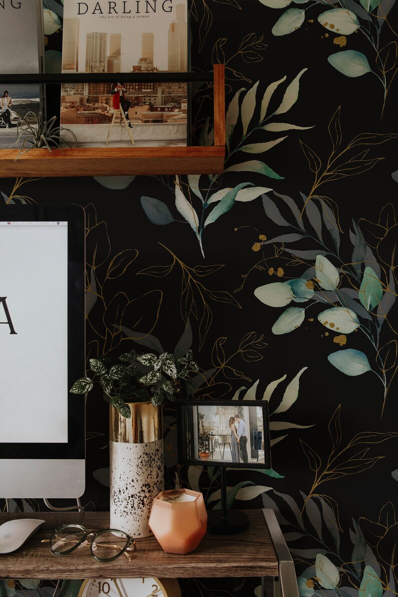 watercolor branches and leaf wallpaper, eucalyptus leaf wallpaper, eucalyptus foliage wallpaper, dark botanical eucalyptus wallpaper, eucalyptus leaves peel and stick wallpaper, watercolor green and gold leaves peel and stick wallpaper