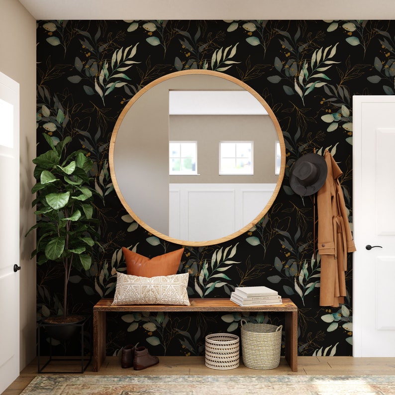 eucalyptus wall mural, eucalyptus mural, eucalyptus leaves peel and stick wallpaper, eucalyptus leaf wallpaper, eucalyptus foliage wallpaper, peel and stick eucalyptus wallpaper, watercolor green and gold leaves wallpaper