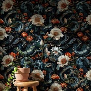 Dark Botanical Wallpaper Secret Garden at Night | Dark Academia Wallpaper Snake | Botanical Secret Garden Peel and Stick Wallpaper Removable