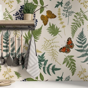 Wild Flowered Peel and Stick Wallpaper | Fern Wallpaper Botanical Mural | Herb Wallpaper Removal | Self Sticking Wallpaper Peeland Stick