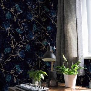 Dark Botanical Wallpaper Peel and Stick Floral | Navy Blue Wallpaper | Oriental Wallpaper | Dark Garden Wallpaper | Whimsical Wallpaper