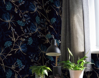 Dark Botanical Wallpaper Peel and Stick Floral | Navy Blue Wallpaper | Oriental Wallpaper | Dark Garden Wallpaper | Whimsical Wallpaper