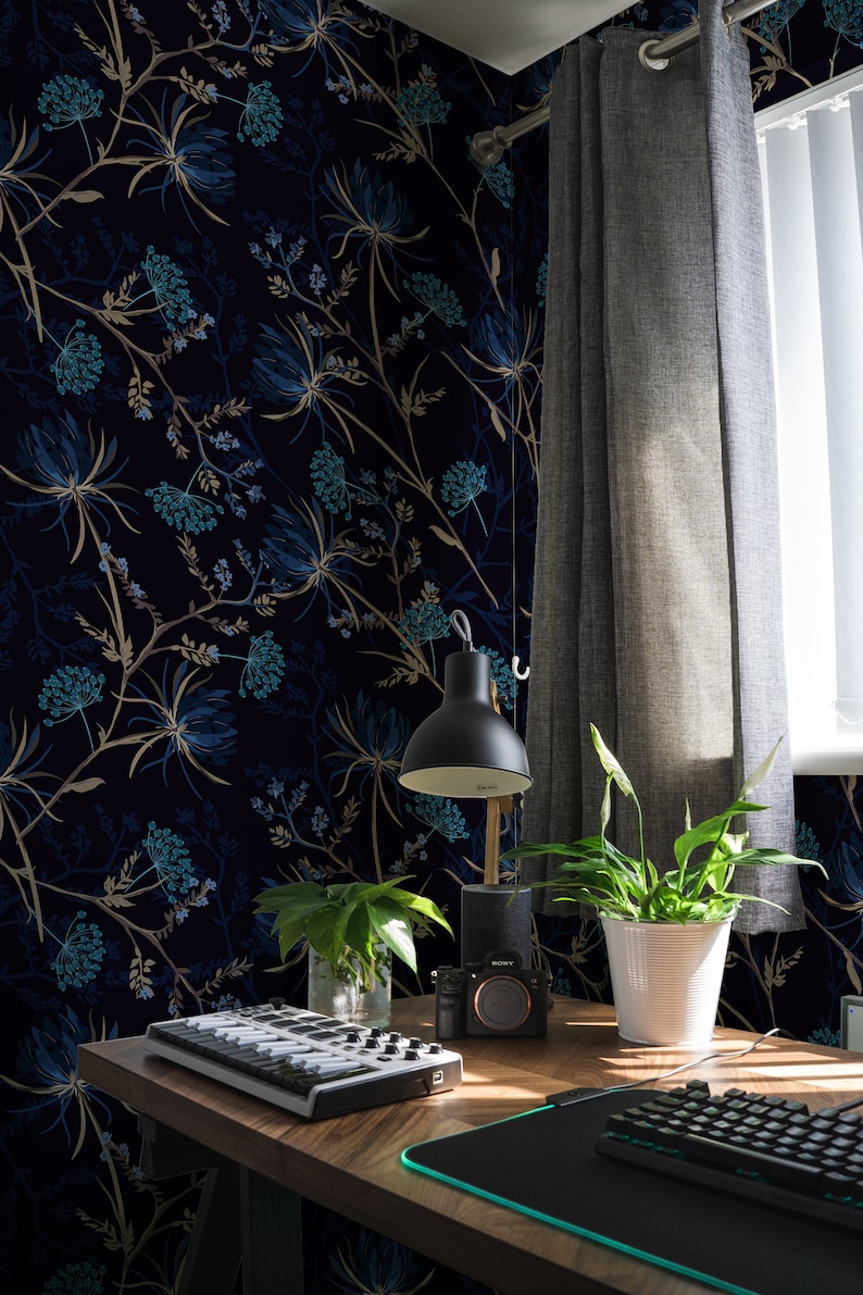 Dark Botanical Wallpaper Peel and Stick Floral Navy Blue Etsy