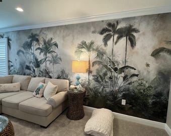 Vintage Rainforest Wallpaper: Tropical Palm Tree Peel and Stick Wall Mural