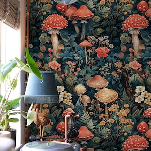 Mushroom Wallpaper Peel and Stick, Magical Forest Wallpaper, Whimsical Botanical Wall Mural Moody, Funky Wallpaper, Mushroom Wall Mural