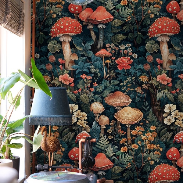 Mushroom Peel and Stick Wallpaper: Botanical Forest Wall Mural
