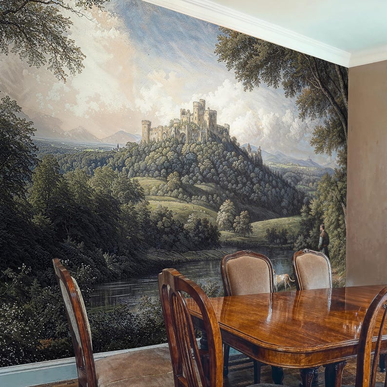 Classic dining room decorated with self adhesive scenery wallpaper, capturing a peaceful river view beneath a towering medieval fortress.