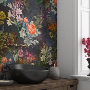 Dark Floral Peel and Stick Wallpaper Botanical Wallpaper Secret ... | Secret Garden Wallpaper Vintage Dark Botanical Wallpaper Butterflies