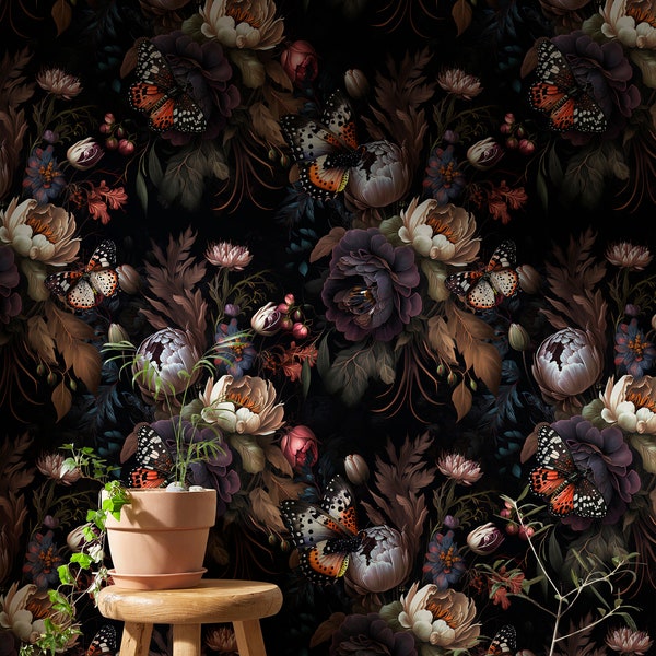 Dark Flower Wallpaper Mural | Dark Botanical Wallpaper with Butterflies | Dark Vintage Floral Wallpaper Peel and Stick