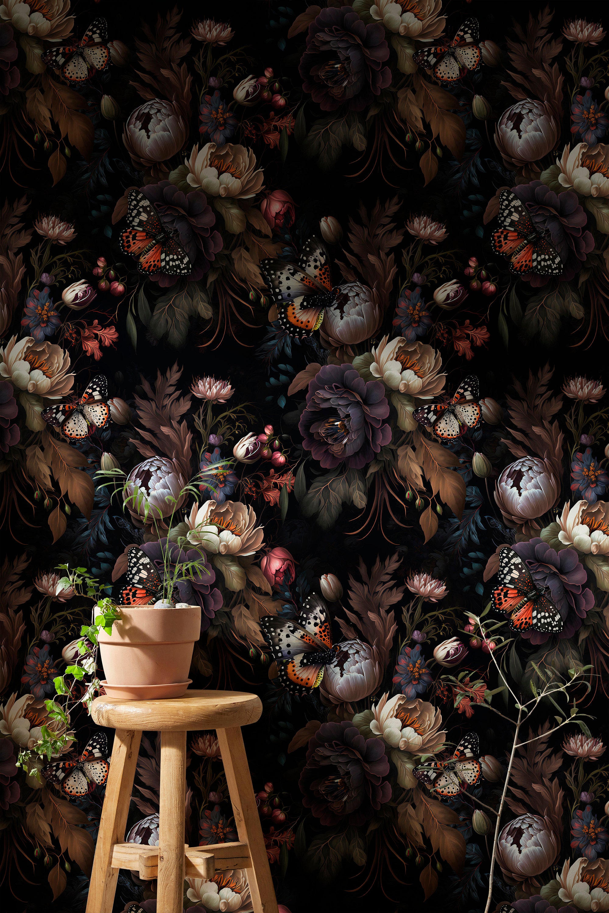 Dark Flower Wallpaper Mural | Dark Botanical Wallpaper With Butterflies ...