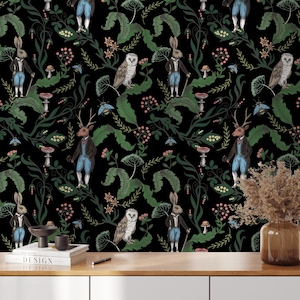 Victorian Wallpaper Dark | Fairy Forest Wallpaper | Whimsical Wallpaper Peel and Stick | Fairytale Peel and Stick Wallpaper | Owl Wallpaper
