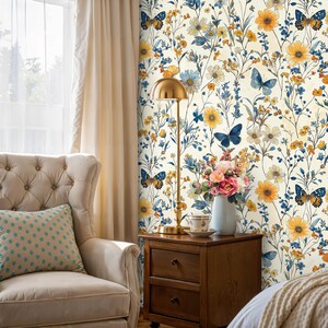 Watercolor Wildflowers and Butterflies Wallpaper, Soft Botanical Wall Mural, Field Flowers Peel and Stick Wallpaper, Self Adhesive Wallpaper