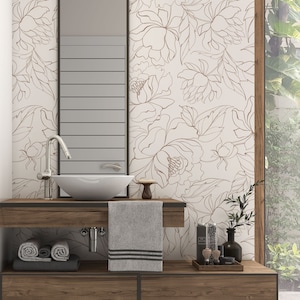 Drawn Peony Flowers Wallpaper | Floral Sketch Wallpaper | Modern Floral Line Art Wallpaper | Neutral Floral Peel and Stick Wallpaper