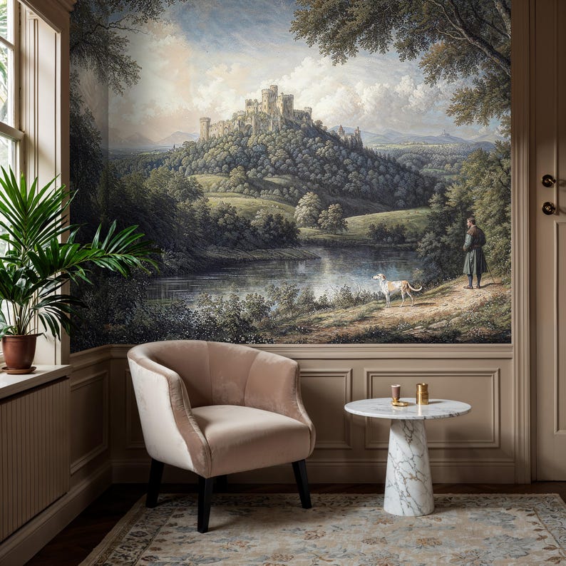 Cozy living space adorned with castle peel and stick wallpaper, presenting a pastoral scene with rolling hills and verdant foliage.