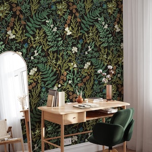 Vintage Dark Botanical Wallpaper Peel and Stick Bathroom | Magical Forest Wallpaper Mural Nature | Fern Botanical Wallpaper Removable