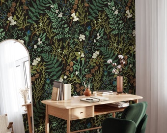 Vintage Dark Botanical Wallpaper Peel and Stick Bathroom | Magical Forest Wallpaper Mural Nature | Fern Botanical Wallpaper Removable