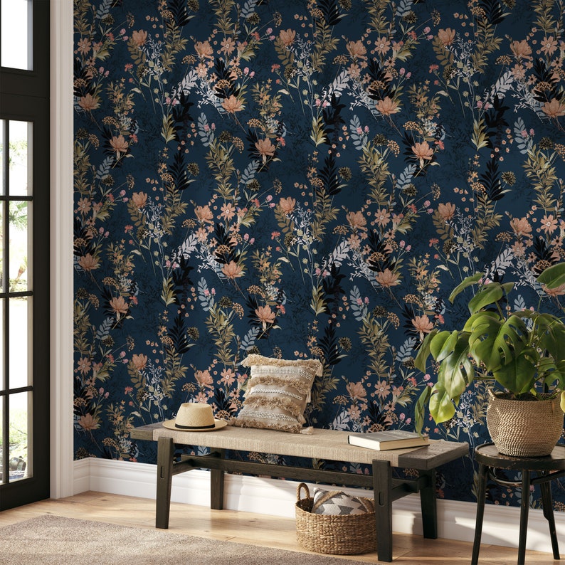 Blue Tropical Peel and Stick Wallpaper Navy Botanical Etsy