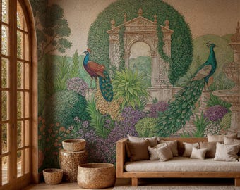 Mughal Garden Peel and Stick Wallpaper: Indian Palace Wall Mural, Peacocks, Peel and Stick