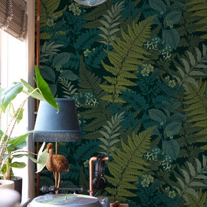 Green Fern Wallpaper | Botanical Greenery Peel and Stick Wallpaper | Greenery Fern Botanical Wallpaper with Butterflies