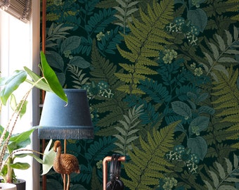 Green Fern Wallpaper | Botanical Greenery Peel and Stick Wallpaper | Greenery Fern Botanical Wallpaper with Butterflies