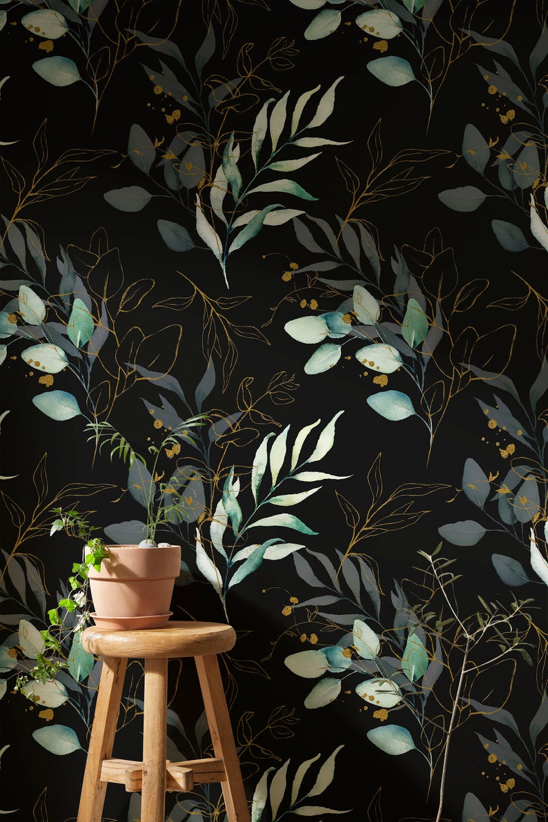 green and gold eucalyptus leaves wallpaper, peel and stick eucalyptus wallpaper, eucalyptus wall mural, green eucalyptus leaves peel and stick wallpaper, dark botanical eucalyptus peel and stick wallpaper, dark botanical eucalyptus wallpaper