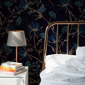 Dark Botanical Wallpaper Peel and Stick Floral | Navy Blue Wallpaper ...