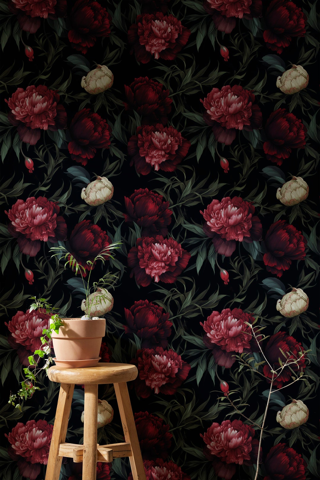 Dark Peony Wallpaper Vintage Dark Botanical Wall... | Dark Floral ...