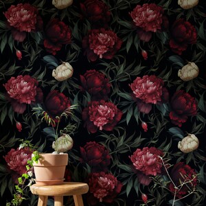 Dark Peony Wallpaper Vintage Dark Botanical Wall... | Dark Floral Wallpaper Peel and Stick Peony | Dark Garden Mural