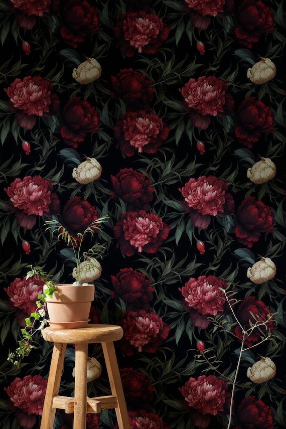 Dark Peony Wallpaper Vintage Dark Botanical Wall... | Dark Floral Wallpaper Peel and Stick Peony | Dark Garden Mural