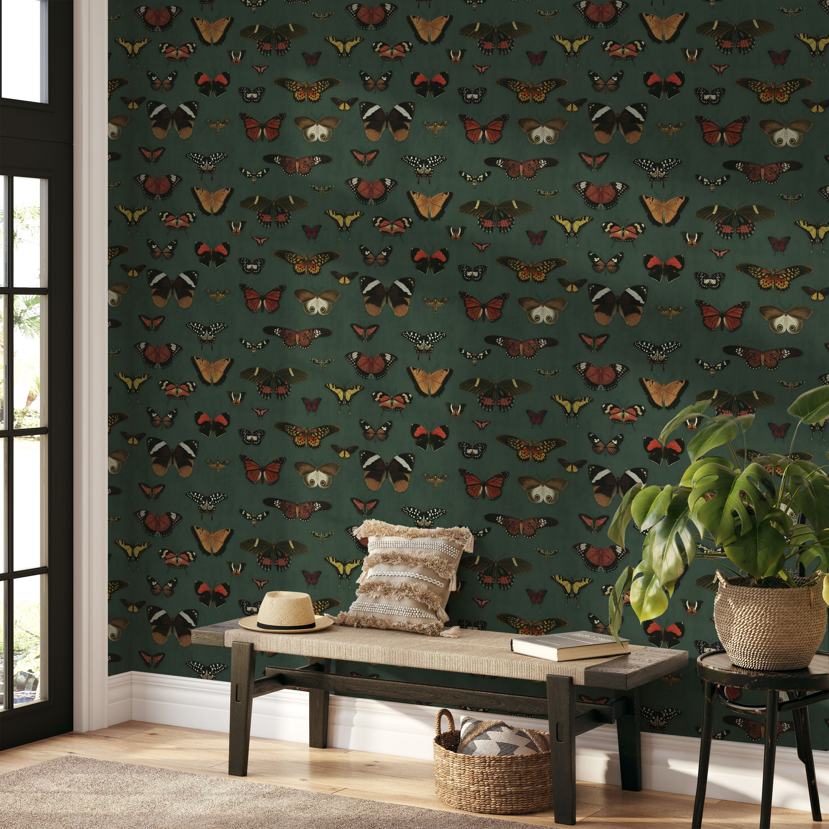 Dark Green Butterfly Wallpaper Peel and Stick | Dark Green Botanical ...