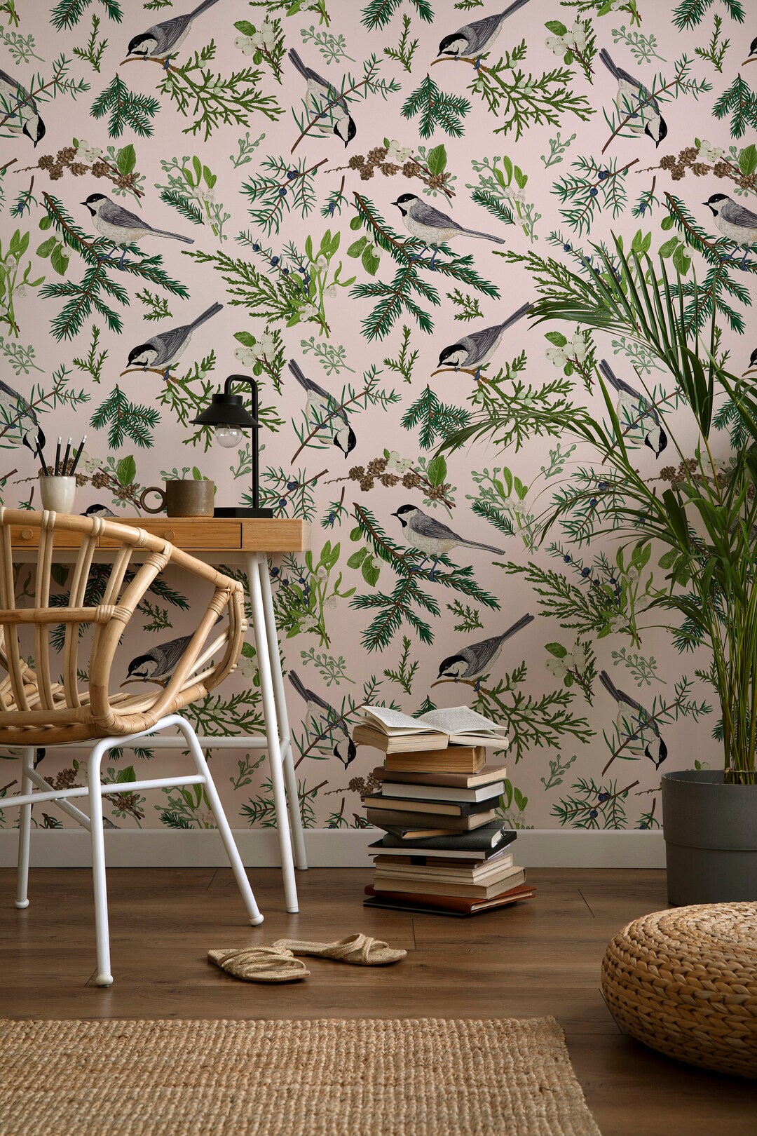 Light Botanical Wallpaper With Birds Vintage Botanical Wall Mural