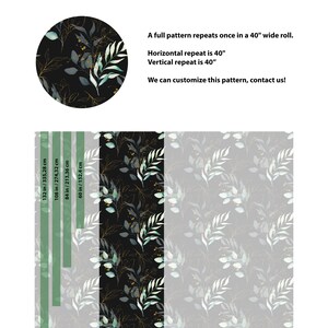 May include: A black and white wallpaper pattern with green and gold leaves. The pattern repeats every 40 inches. The text "BOTANICAL WALLPAPERS" is at the top of the image. A full pattern repeats once in a 40" wide roll. Horizontal repeat is 40" Vertical repeat is 40" We can customize this pattern, contact us!"
