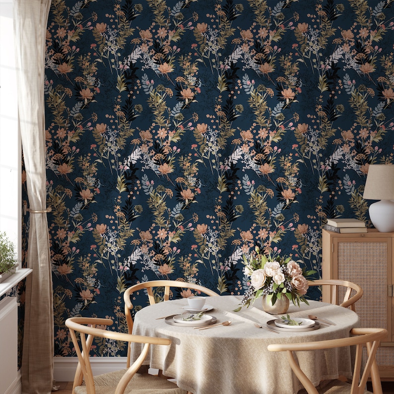 Blue Tropical Peel and Stick Wallpaper Navy Botanical Etsy