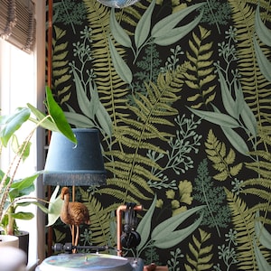 Vintage Fern Wallpaper Peel and Stick | Fern Botanical Peel and Stick Wall Mural | Fern Leaves Wallpaper | Botanical Plants Wall Mural