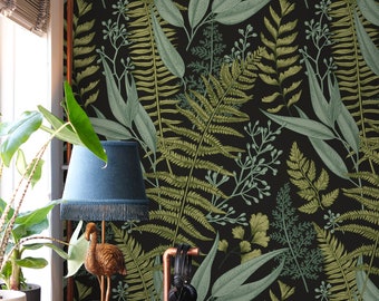 Vintage Fern Wallpaper Peel and Stick | Fern Botanical Peel and Stick Wall Mural | Fern Leaves Wallpaper | Botanical Plants Wall Mural
