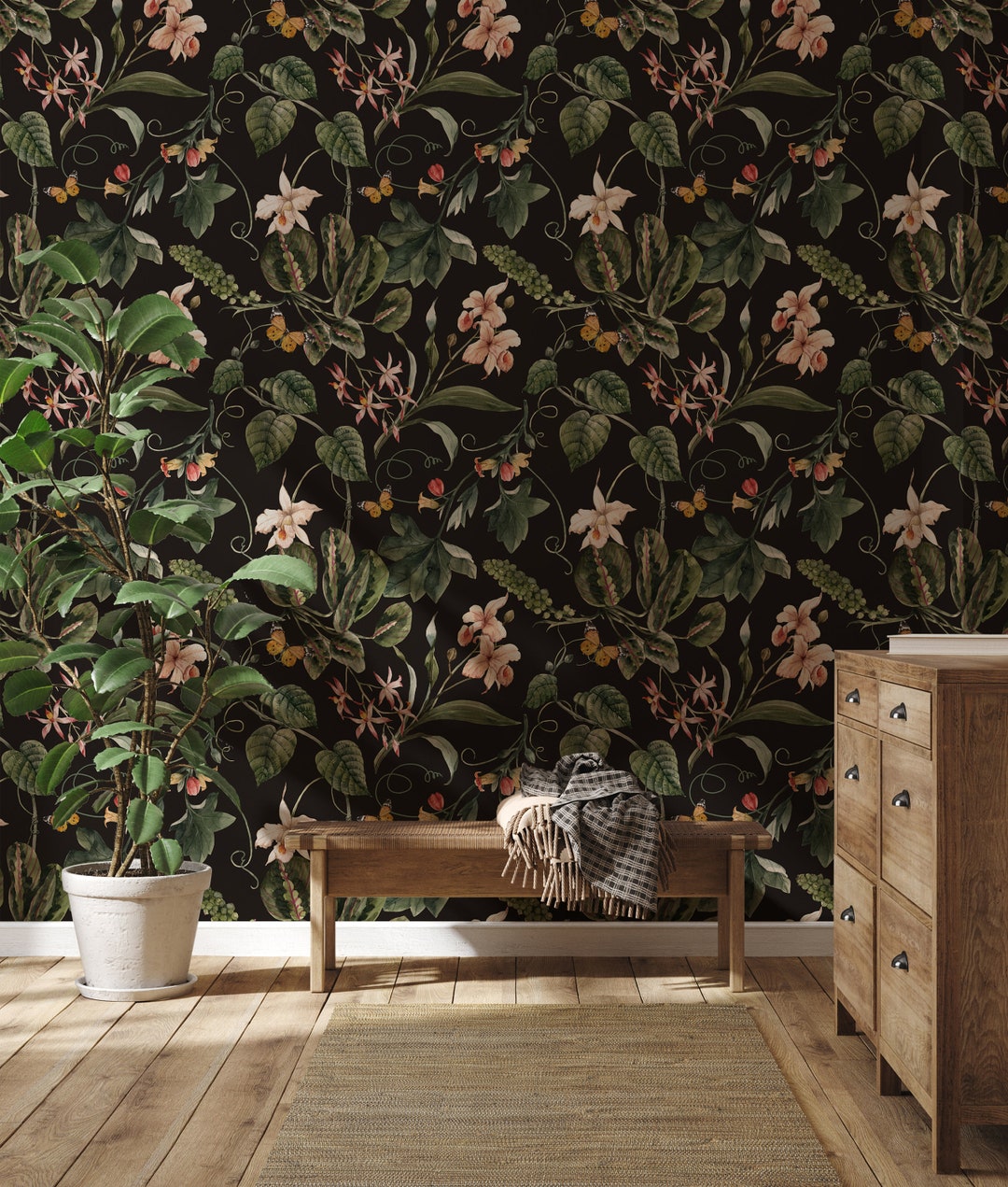Dark Botanical Peel And Stick Wallpapernull