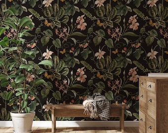 Dark Botanical Peel and Stick Wallpaper | Dark Tropical Wallpaper-Small Scale | Dark Botanical Tropical Watercolor Wallpaper Peel and Stick