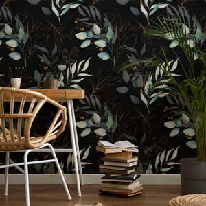 eucalyptus mural, watercolor green and gold leaves wallpaper, botanical eucalyptus wallpaper, green eucalyptus leaves peel and stick wallpaper, dark botanical eucalyptus peel and stick wallpaper, peel and stick eucalyptus wallpaper