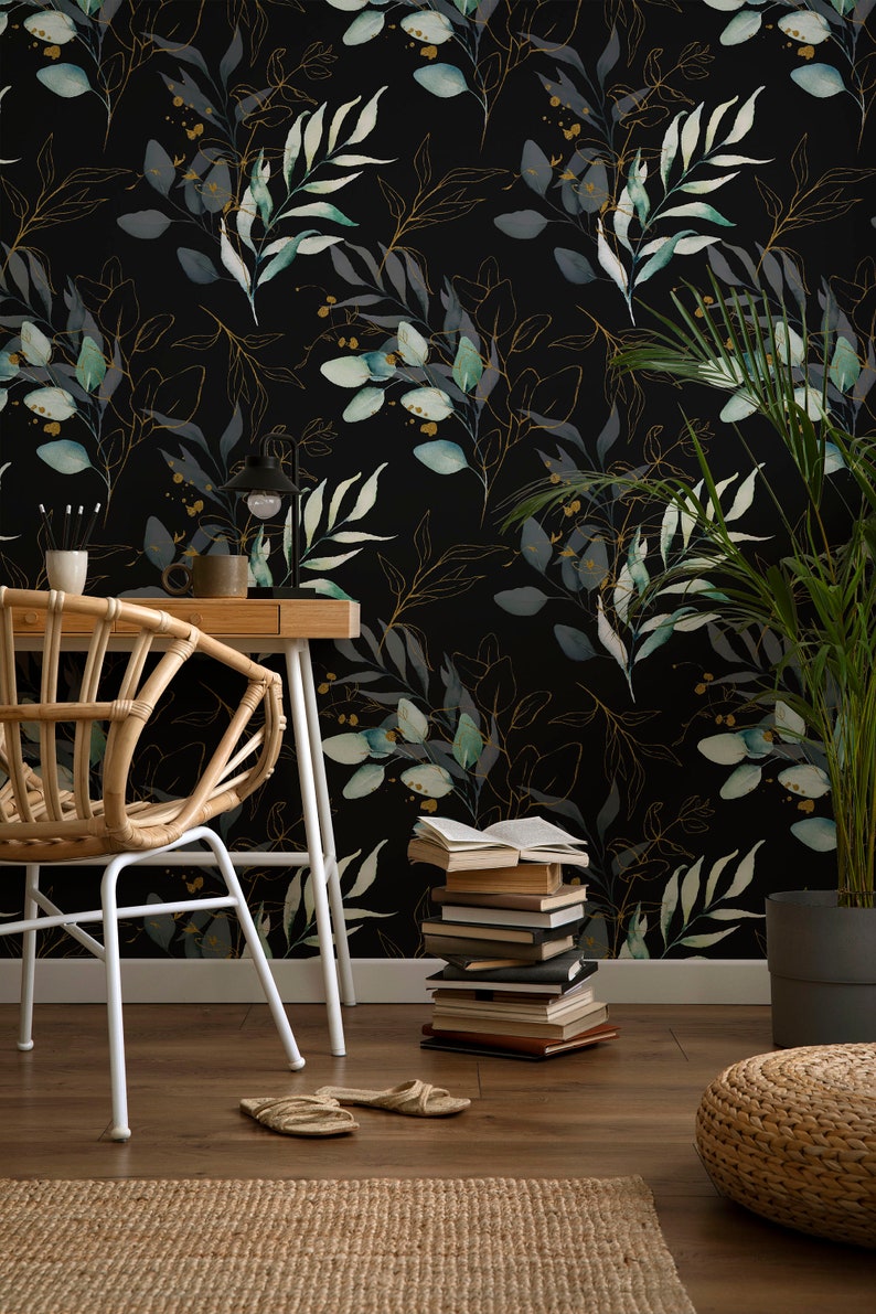 eucalyptus mural, watercolor green and gold leaves wallpaper, botanical eucalyptus wallpaper, green eucalyptus leaves peel and stick wallpaper, dark botanical eucalyptus peel and stick wallpaper, peel and stick eucalyptus wallpaper
