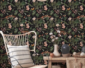 Leopard Wallpaper: Dark Botanical, Tropical Mural Peel and Stick